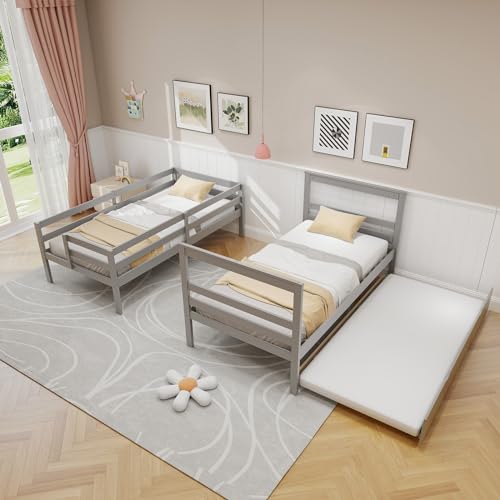 KOTEK Twin Over Twin Bunk Bed with Trundle and Stairs, Solid Wood Bunk Bed Frame with Storage Shelf, Bunk Beds Detachable into 2 Platform Beds for Kids Teens Adults (Grey) KOTEK