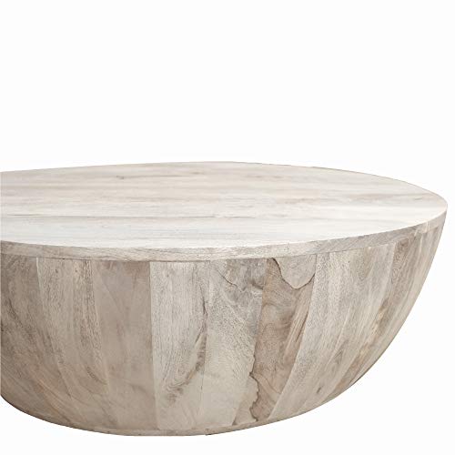 The Urban Port 12-Inch Height Round Mango Wood Coffee Table, Subtle Grains, Distressed White - WoodArtSupply