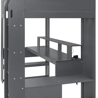 SOFTSEA Dark Grey Twin Gaming Loft Bed with Integrated Desk and Storage - WoodArtSupply