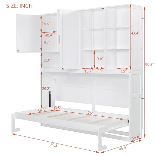 SOFTSEA Twin Murphy Bed with Storage Bookcase and Shelves, Space-Saving Horizontal Wall Bed with LED Light & Charging Stations for Small Spaces, Living Room, Guest Room, Bedroom, Office, White SOFTSEA