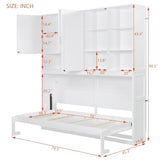 SOFTSEA Twin Murphy Bed with Storage Bookcase and Shelves, Space-Saving Horizontal Wall Bed with LED Light & Charging Stations for Small Spaces, Living Room, Guest Room, Bedroom, Office, White SOFTSEA