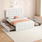 IDEALHOUSE Full Size Bed Frame with 4 Storage Drawers and Headboard, Faux Leather Upholstered Platform Bed Frame with Wooden Slats Support, Button Tufted Design, No Box Spring Needed, Beige IDEALHOUSE
