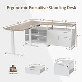 FEZIBO 66 Inch Executive L Shaped Standing Desk, Electric Height Adjustable Stand up Desk with 2-Drawer File Cabinet, Home Office Modern Wood Computer Desk with Shelves, White Frame/Light Walnut Top FEZIBO