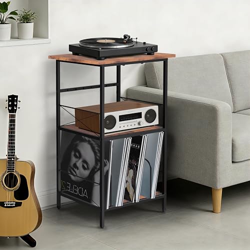 FiloxeniaOasis Record Player Stand with 4 Adjustable Dividers, Vinyl Record Storage Holds 200 LPs, 3 Layer End Table, Multi-Functional Record Player Table for Home, Rustic Brown FiloxeniaOasis