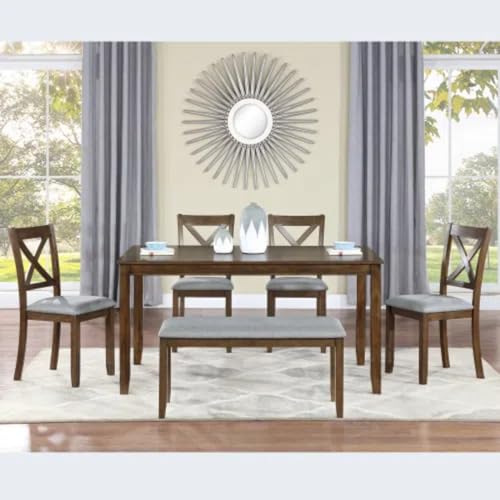 Trygoal 6-Piece Dining Table Set for 4-6 People, Kitchen Set with 4 Upholstered Chairs and One Bench, Living Room Chairs with X-Shape Backrest, Rectangular Wooden Table for Home Bar, Walnut Trygoal