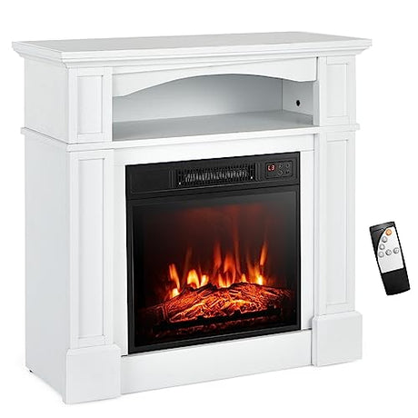 SIMOE 32" Electric Fireplace with Mantel, 1400W Freestanding Fireplace for Living Room, Remote Control, Overheat Protection, Adjustable 3D Flame, Timer, White SIMOE