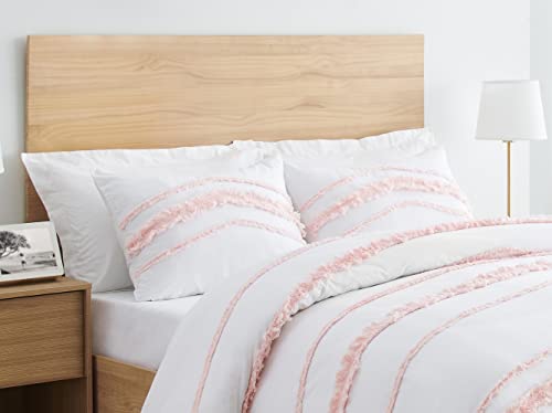Bohemian Boho Chic White and Pink Macrame Tufted Tassel 3 pc. Full / Queen Size Bed Bedding Set Duvet Comforter Cover Sham Blush Pink Textured Minimalist Cotton Fringe Farmhouse Indie Neutral Rustic KB & Me