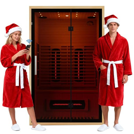 Full Spectrum Infrared Sauna for 2 Person, Upgraded WiFi Control Indoor Red Light Therapy Canadian Hemlock Wood Home Spa Saunas, Speaker, Oxygen bar, Reading & 7-Color Light, 1750 W, 110V Smartmak