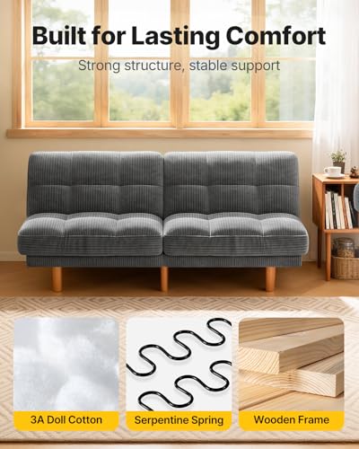 AMADA HOMEFURNISHING 65" Futon Sofa Bed, Convertible Futon Couch with Adjustable Backrest, Ergonomic Recliner Sleeper Sofa with Corduroy Fabric for Living Room, Office, Guest Room (Grey) AMADA HOMEFURNISHING
