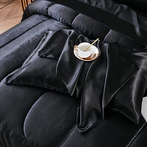 Bedding_Dreamer Black Silky Comforter Set Satin King Bed in a Bag 8 Pieces Luxury Hotel Silky Bedding with 1 Comforter, 1 Flat Sheet, 1 Fitted Sheet, 4 Pillowcases, 1 Cushion Cover (King, Black) Bedding_Dreamer
