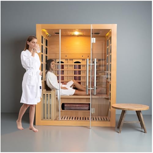 Luxury Dual-System Wood Sauna Room for 3 Person, Hybrid Indoor Sauna Spa,Canadian Hemlock, 4.5KW Heater, 195°F Steam+149°F Far Infrared, 10 Heating Elements, 220V, Oxygen Ionizer, 8mm Tempered-Grass ZONEMEL