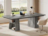 YITAHOME 63" Executive Desk, Large Office Desk Computer Desk with Double Pedestal and Storage Shelves, Wood Simple Workstations Writing Table Conference Table Business Furniture for Home Office, Grey YITAHOME