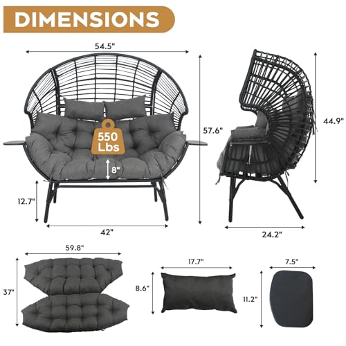 CHINNLUU Double Egg Chair Outdoor Indoor 2 Person Wicker Egg Lounge Chair with Foldable Cup Holder Cushion Rain Cover Patio Oversized Loveseat for Balcony Porch Backyard