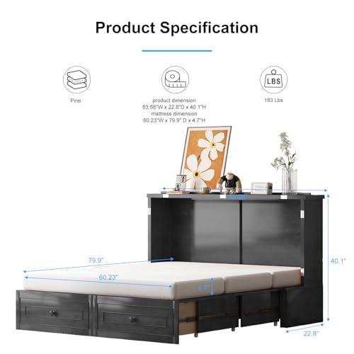 PUREMIND Queen Murphy Bed with Mattress Included - Solid Wood - Hideaway Chest Beds with 2 Storage Drawers, USB Charging Ports - Space Saving Murphy Cabinet Bed for Guest Room, Bedroom PUREMIND