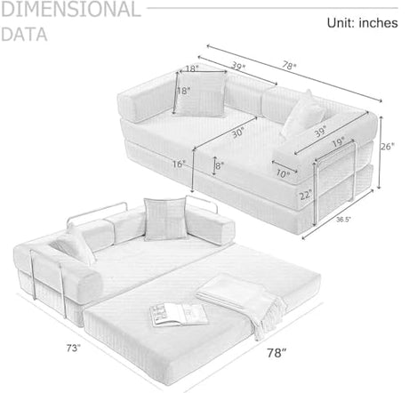 HANXIN 78 Inch Convertible Sleeper Sofa Bed, Folding Floor Mattress Couch with Fixed-Shape Frame, Futon Boneless Couch Lounge Loveseat with Pull Out Bed, No Assembly Required (Green) HANXIN