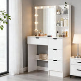 onesaimei Makeup Vanity Desk with Mirror and LED Lights, Vanity Desk with Drawers and Multiple Shelvers, Dressing Table with with Lighted Mirror for Bedroom, White onesaimei