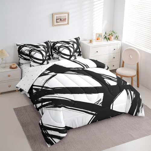 7Pcs Black and White Abstarct Bed in A Bag Full for Adult Women Men, Geometric Striped Comforter Set for Minimalists,Graffiti Aesthetic Lines Bedding Set,Contemporary Boho Modern Bed Sheets Erosebridal