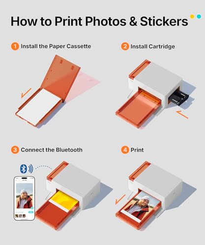 Liene Amber M110 Bluetooth Photo Printer 80 Sheets, Portable Photo Printer for iPhone, Thermal Dye Sublimation, Picture Printer 60 Sheets 4x6 Paper & 20 Sheets 3" Square Sticker Paper & 2 Cartridges Liene