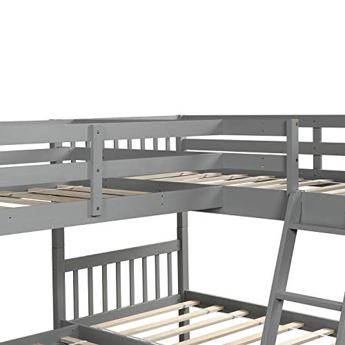 L-Shaped Bunk Bed Twin Over Twin, Quad Bunk Bed with Angle ladder and Security Guardrail, Twin size Bunk Beds Compatible with 4, Wooden Corner Bunk Beds Compatible with 0, Teens, Adults, No Box Spring MhaRt