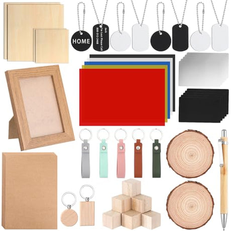 Tondiamo 76 Pcs Laser Material Explore Kit for Laser Engraving Materials Accessories Including Wood, Metal, PU Leather, PVC Materials for Laser Engraver Crafting Supplies Tondiamo