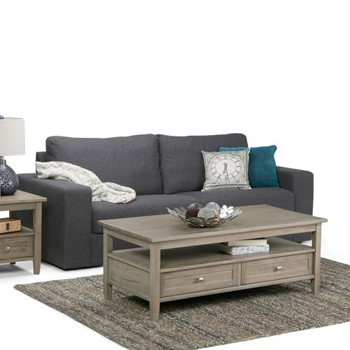 SIMPLIHOME Warm Shaker SOLID WOOD 48 Inch Wide Rectangle Transitional Coffee Table in Distressed Grey, For the Living Room and Family Room - WoodArtSupply