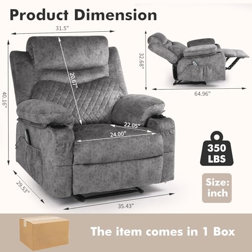 linting Overstuffed Massage Recliner Chair with Heat, Wide Seat Reclining Chair for Home Theater, Heated Massaging Manual Recliner Chairs with Cup Holders, Grey