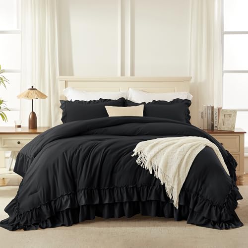 Andency Black King Comforter Set(104x90Inch), 3 Pieces Ruffle Comforter Set with 2 Pillowcases, Farmhouse Shabby Chic Lightweight Fluffy Soft Microfiber All Season Bed Set Andency
