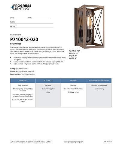 Progress Lighting P710012-020 Briarwood Antique Bronze One-Light Wall Sconce, Architectural Progress Lighting