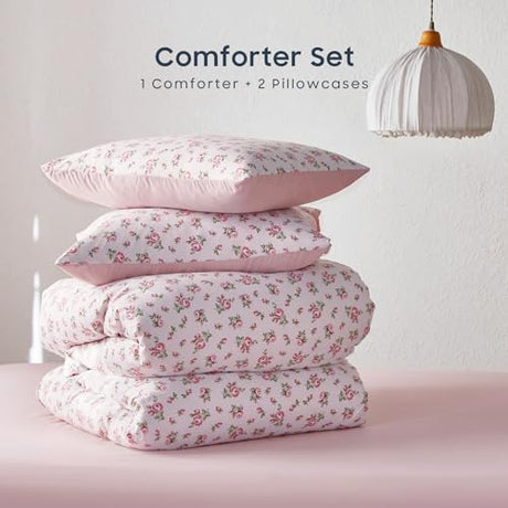 Wake In Cloud - Floral Comforter Set, Coquette Cottagecore Aesthetic Flower Shabby Chic Pattern for Women Teen Girls, Soft Lightweight Bedding, 3 Pieces, Pink, Full Size Wake In Cloud