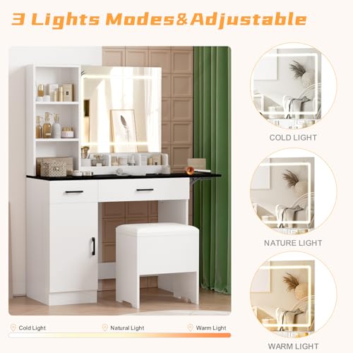Esmlada Farmhouse Makeup Vanity Desk with Mirror and Lights, Vanity Desk Table Set with Storage Bench, Power Outlet, for Bedroom, Black Esmlada