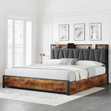 GarveeHome King Size Bed Frame with 4 Storage Drawers, Upholstered Storage Charging Headboard, Heavy Duty Metal Platform Bed Frame, Noise Free, No Box Spring Needed, Rustic Brown GarveeHome