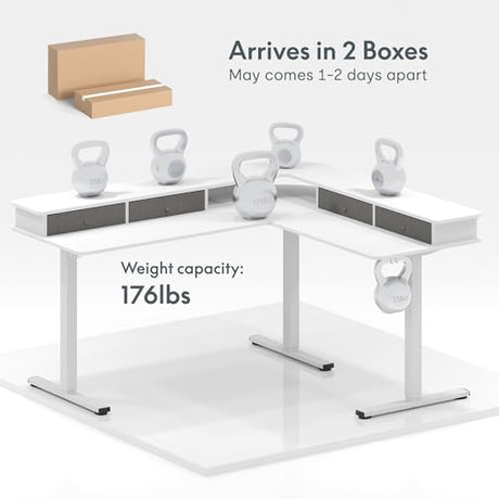 FLEXISPOT 63" L Shaped Standing Desk with Shelf Electric Corner Table, Drawers, Adjustable Computer Workstation for Home, Office,63x55in, White Top + White Frame FLEXISPOT