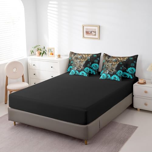 Erosebridal Cheetah King Size Comforter Set - Bedding Set King 7 Pieces,Turquoise Teal Rose Bed in a Bag Leopard Print African Animals Big Cat Bed Set with Comforter,Sheets,Pillowcases & Shams Erosebridal