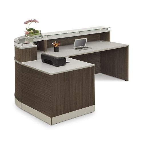 NBF L-Shaped Modern Reception Desk with Counter - 79" W x 63" D Retail Checkout Station - Curved Front Desk Reception Counter - Countertop Welcome Desk for Office Lobby Salon Store (Walnut) nbf signature series