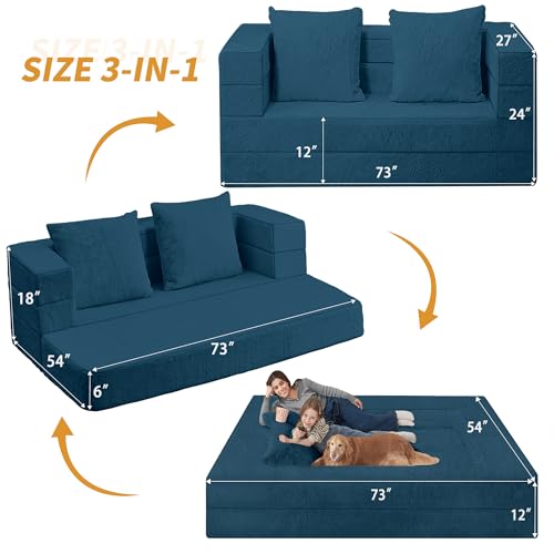 Cansunna Futon Sofa Bed with Pillow, 3-in-1 Sleeper Sofa Bed with Removable Cover, Convertible Floor Sofa Bed, No Assembly Boneless Couch for Living Room, Bedroom Cansunna