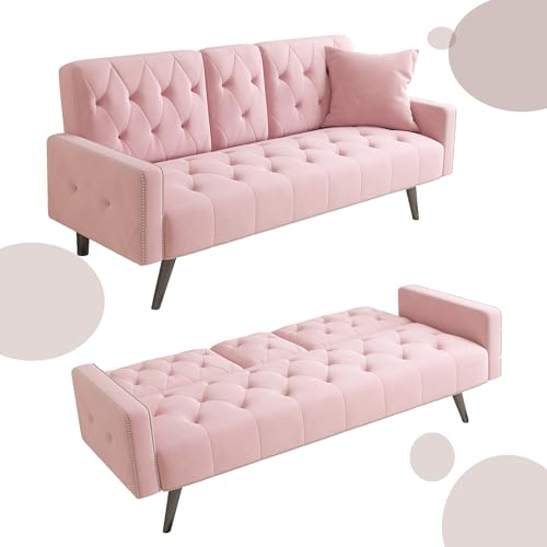 Modern Velvet 2 in 1 Futon Sofa Bed,Convertible Folding Sleeper Bed Couches with 2 Pillows,73" Tufted Recliner Love Seat with Golden Chrome Legs for Living Room Apartment Office (Pink) Anwick