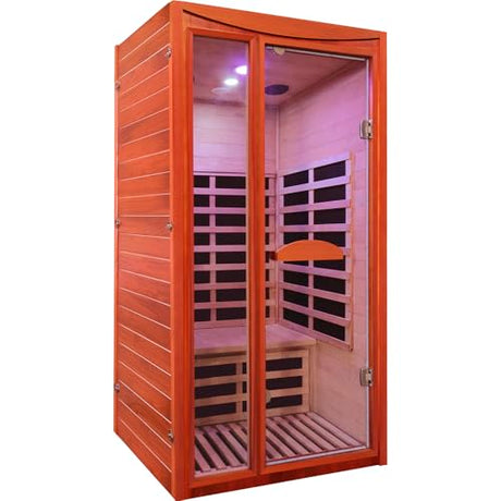 Sauna, Far Infrared Saunas for Home Room 1550W/110V Indoor Sauna for Single Person Okoume Wood Sauna Spacious 1 - 2 Person Low EMF Dry Sauna with Speakers/Air Hole and Color Lighting 39.4*35.4*74.8 IN HOSAUNA
