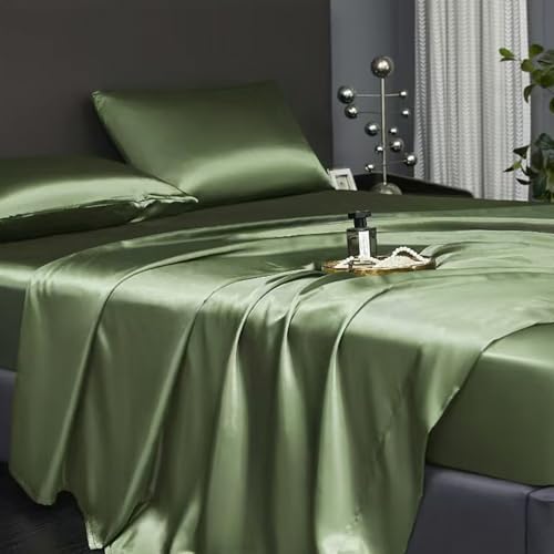 Revdomfly 4 Pcs Queen Size Luxury Silky Soft Olive Green Satin Sheet Set,1 Premium Moisture Wicking Fitted Sheet Fits Up to 16 Inches Deep Pocket + 1 Flat Sheet + 2 Pillowcases（Olive Green, Queen） Revdomfly