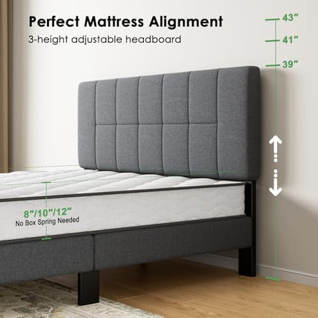 Marsail Queen Bed Frame with 2 Storage Drawers, Sturdy & Durable with 12 Support Legs, 1300 lbs Capacity, Solid Wooden Upholstered Adjustable Headboard for 6″–12″ Mattresses, Easy Assembly, Dark Gray Marsail