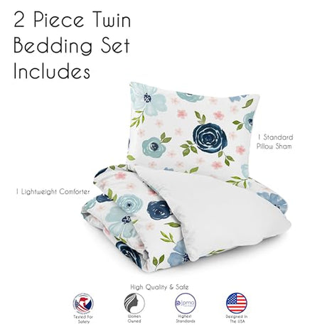 Sweet Jojo Designs 2-Piece Twin Comforter Set (Blue/Pink Boho Floral) for Girls, Kids, Teen, College Bed Room incl. Single Size Bedding & Sham (Watercolor, Flower, Elegant Rose, Farmhouse, Blush Navy) Sweet Jojo Designs