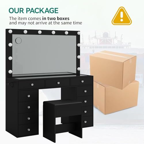 Yanosaku Vanity Desk & Power Outl, Makeup Vanity with Mirror and 12 LED Lights, Makeup Table with 11 Drawers, Vanity Table with Chair，Vanity Set 3 Lighting Modes Brightness Adjustable(Black) - WoodArtSupply