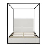 LUMISOL Queen Size Upholstered Canopy Bed, Metal 4 Poster Platform Bed with Tall Corduroy Headboard, Black Canopy Bed Frame with Headboard, No Box Spring Needed, White