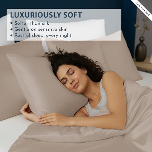 Linenwalas Duvet Cover Set King Size - Viscose Derived from Bamboo Soft, Breathable, Light Weight, Cooling Comforter Cover with Zipper Closure and Corner Ties (King, Taupe) Linenwalas