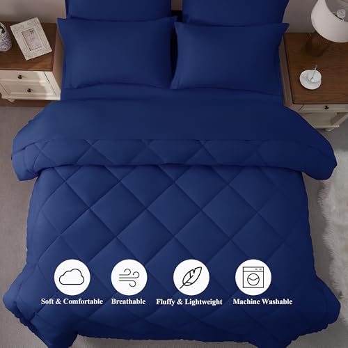 ELNIDO QUEEN® Queen Comforter Set Navy - 7 Pieces Bed in a Bag Queen Size, Bed Set All Seasons, Ultra Soft Dark Blue Bedding Sets with Comforter, Flat Sheet, Fitted Sheet, Pillowcases and Pillow Shams ELNIDO QUEEN