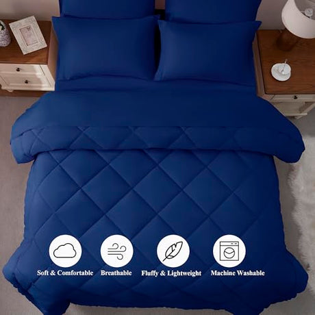ELNIDO QUEEN® Queen Comforter Set Navy - 7 Pieces Bed in a Bag Queen Size, Bed Set All Seasons, Ultra Soft Dark Blue Bedding Sets with Comforter, Flat Sheet, Fitted Sheet, Pillowcases and Pillow Shams ELNIDO QUEEN
