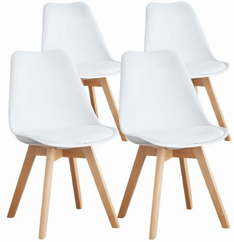 OLIXIS Set of 4 Dining Kitchen Mid-Century Modern Chairs with Wood Legs and PU Leather Cushion for Living Room Bedroom Outdoor Lounge, White OLIXIS