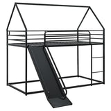 AEMSOFK Bunk Bed with Slide for Kids,Bunk Bed Twin Over Twin, Metal Junior House Low Bunk Bed, Toddler Floor Bunk Beds Frame with Guardrail for Kids, Convertible Slide and Ladder Noise Free(New Black) AEMSOFK