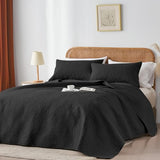 WURUIBO Full/Queen Quilt Set Black, Microfiber Lightweight Bedspreads, Ultrasonic Embossed Solid Coverlet, Thin Bedding Set for All Season, Soft Breathable Bed Cover(1 Quilt, 2 Pillow Shams) WURUIBO