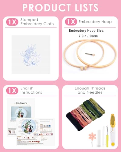 TINDTOP Embroidery Kit for Beginners Adult, Cat Embroidery Kit for Beginners Include Embroidery Cloth Hoops Threads for Craft Lover Hand Stitch with Embroidery Skill Techniques TINDTOP