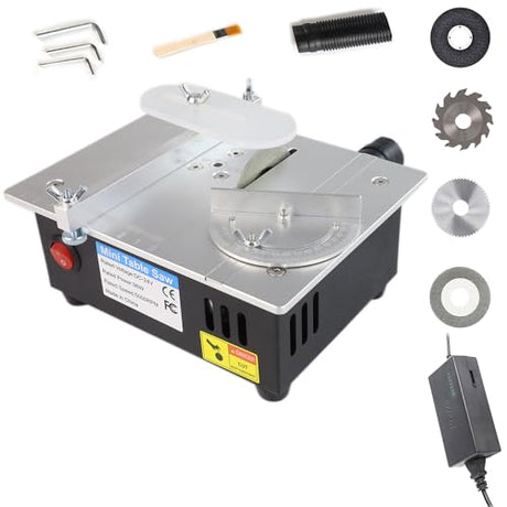 Mini Table Saw, RTOVZON 96W Mini Desktop Electric Saw Cutter 7.1"x5.5", Cut Thickness Adjustable Precision Craft Table Saw with Speed & Angle Adjust 4* Blades, Available for Wood/PCB/Acrylic/Plastic RTOVZON